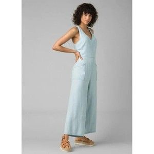 Prana Bahia Chambray Jumpsuit S Blue Cross Open Back Sleeveless Wide Leg Tencel